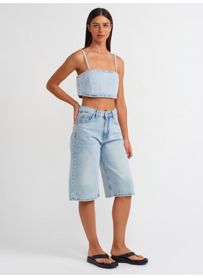 Dilvin 71675 Flowy Fabric Denim Capri-Blue - Image 1